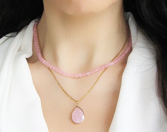 Rose Quartz Necklace, Gemstone Choker Necklace, Rose Quartz Jewelry, Natural Crystal Teardrop Necklace