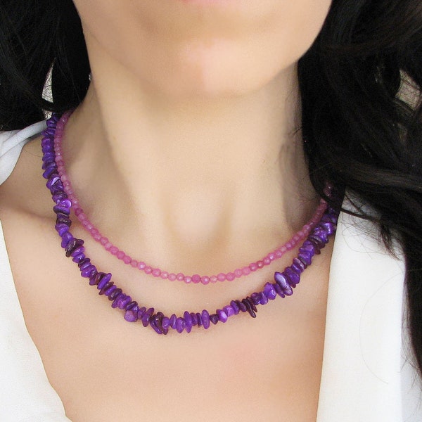 Purple Necklace, Shell Necklace, Gemstone Beaded Necklace, Chip Beaded Choker