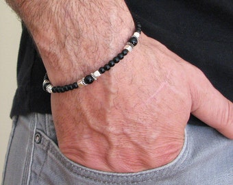 Bracelet homme, bijoux Onyx noir, bracelet de perles d’hématite argentée, bijoux pour hommes, cadeau pour lui