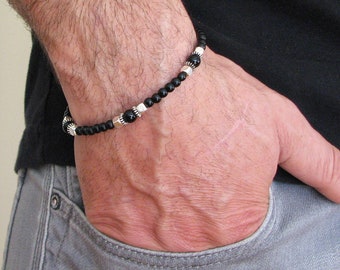 Mens Bracelet, Black Onyx Mens Jewelry, Silver Hematite Beaded, Gift For Him