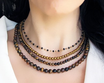 Tigers Eye Necklace, Gemstone Beaded Necklace, Mens Necklace