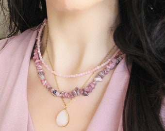 Rose Quartz Necklace, Gemstone Choker, Crystal Beaded Necklace