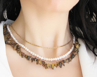 Tigers Eye Necklace, Gemstone Beaded Necklace, Crystal Choker