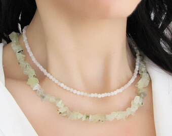 Prehnite Crystal Necklace, Beaded Gemstone Necklace, Prehnite Jewelry, Chip Necklace, Beaded Choker