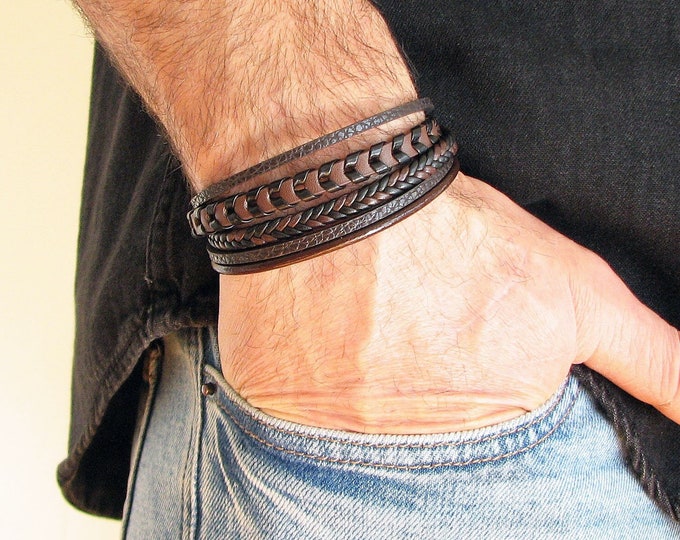 Brown Mens Leather Bracelet, Braided Mens Jewelry, Stainless Steel Gift For Him