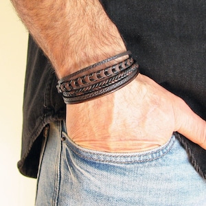 Bruine leren herenarmband, gevlochten herenarmband, herensieraden, roestvrijstalen cadeau voor hem