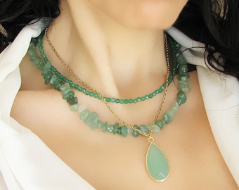 Collier en aventurine verte, collier de perles de cristal, collier de jetons de pierres précieuses
