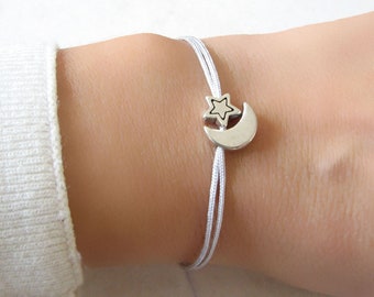 Bracelet Lune et Étoile, Bracelet à cordes réglables, Bracelet en croissant de lune, Bracelet céleste, Bracelet d’amitié, Cadeau pour elle