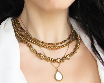 Gold Hematite Necklace, Crystal Beaded Choker, Tiny Gemstone Necklace