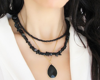 Black Onyx Necklace,  Natural Gemstone Crystal Necklace, Black Jewelry