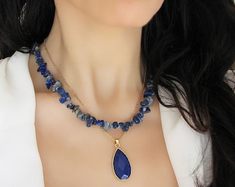 Lapis Lazuli Necklace, Crystal Beaded Necklace, Lapis Jewelry, Chip Gemstone Choker