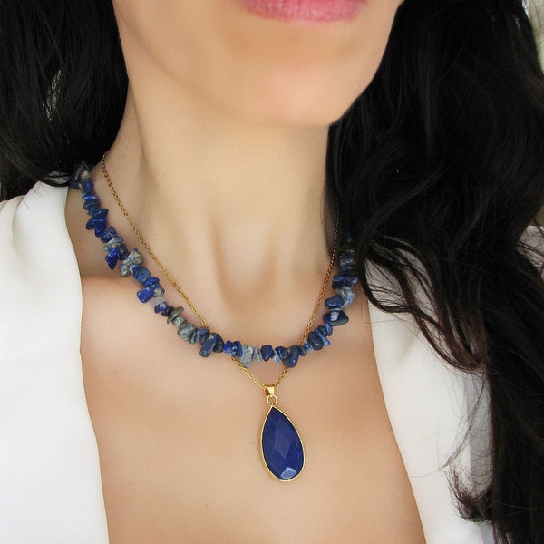 Lapis Lazuli Necklace, Crystal Beaded Necklace, Lapis Jewelry, Chip Necklace, Gemstone Choker, Gift For Her