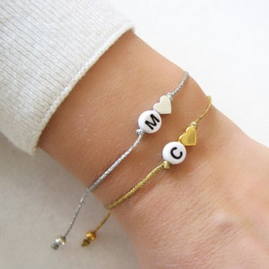 Pulsera inicial del corazón, pulsera de parejas, pulsera del corazón, pulsera de la amistad, pulsera de cordón ajustable