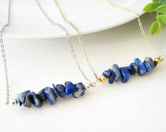 Lapis Lazuli Necklace, Gemstone Bar Necklace, Blue Lapis Jewelry, Beaded Necklace