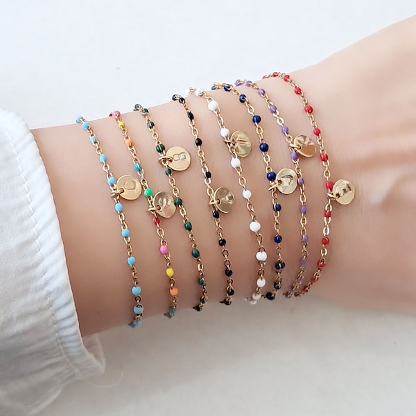Bracelet en perles d'or, minuscules initiales, bijoux en émail, bracelet chaîne pour femme