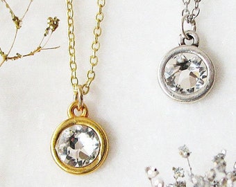 Silver Charm Necklace, April Birthstone Crystal Necklace