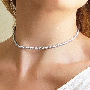 Silver Choker Necklace, Beaded Choker, Seed Bead Necklace, Seed Bead Jewelry