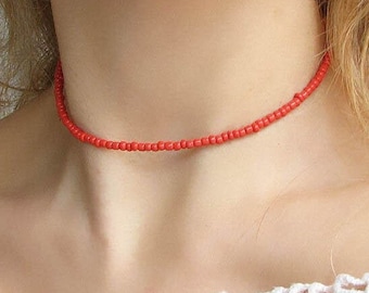 Red Seed Bead Choker, Beaded Necklace, Seed Bead Jewelry