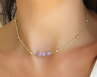 Purple Amethyst Necklace, Gold Chain Necklace, Gemstone Beaded Choker