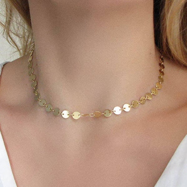 18K Gold Disc Chain Necklace, Gold Choker, Layered Necklace, Circle Link Chain