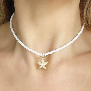 White Starfish Necklace, Seed Bead Choker Necklace, Starfish Jewelry, Summer Hawaii Necklace