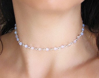 Moonstone Necklace, Beaded Choker, Moonstone Jewelry, Gemstone Necklace