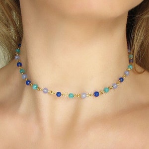 Blue Jade Necklace, Crystal Beaded Necklace, Jade Gemstone Jewelry, Dainty Choker Necklace