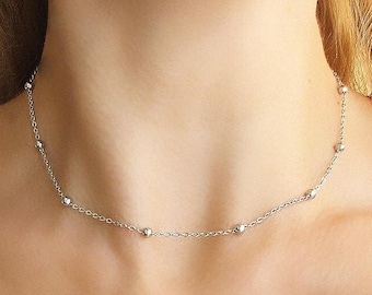 Satellite Silver Choker Necklace, Beaded Chain Choker, Layered Necklace