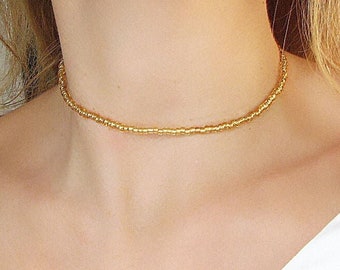 Gold Seed Bead Necklace, Beaded choker