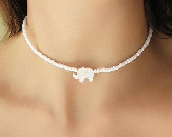 Elephant Necklace, Opal Jewelry for Women, White Beaded Choker
