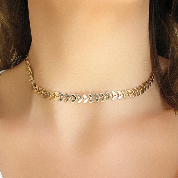 Collier de chaîne en or, Collier chevron, Collier Choker en or, Choker à chaîne