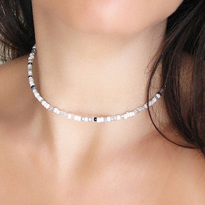 Silver Beaded Choker Necklace, White Choker, Seed Bead Jewelry, Boho Dainty Necklace