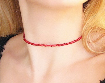 Red Beaded Choker, Seed Bead Necklace