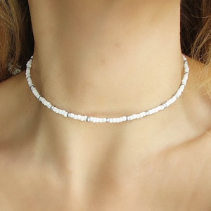 White Beaded Choker Necklace, Silver Seed Bead Jewelry, Stainless Steel Dainty Summer Necklace