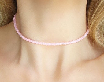 Pink Seed Bead Necklace, Beaded Choker