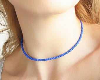 Beaded Choker Necklace, Blue Seed Bead Necklace, Summer Jewelry, Boho Navy Blue Necklace