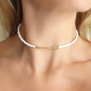 Gargantilla de cuentas doradas, collar de cuentas blancas, joyería de cuentas