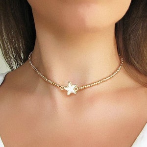 Star Necklace, Star Choker, Sead Bead Necklace, Gold Choker, Opal Necklace