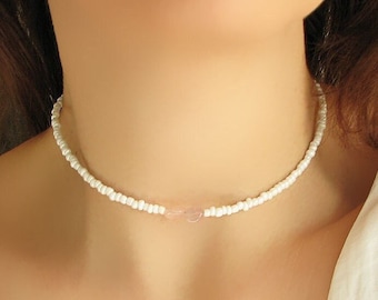 Rose Quartz Necklace, Beaded Choker, Gemstone Necklace