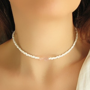 Rose Quartz Necklace, Beaded Choker, Gemstone Necklace