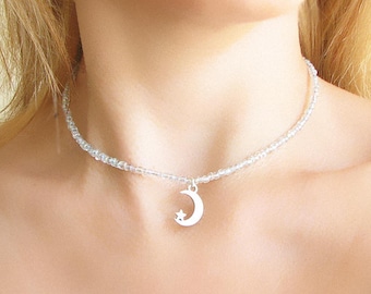 Moon and Star Necklace, Beaded Choker, Silver Charm