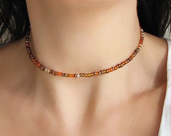 Brown Seed Bead Necklace, Beaded Choker, Colorful Necklace