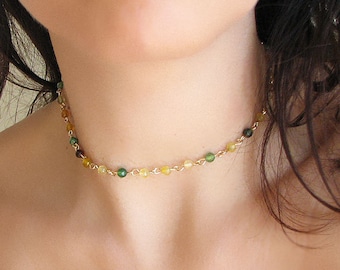 Green Agate Necklace, Gemstone Necklace, Beaded Choker, Handmade Necklace