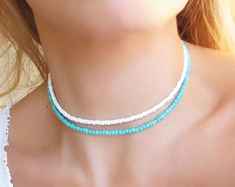 Turquoise Seed Bead Necklace, Blue Beaded Choker Necklace, Seed Bead Jewelry