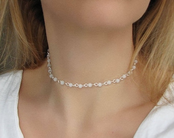 Frosted White Beaded Necklace, Beaded Choker
