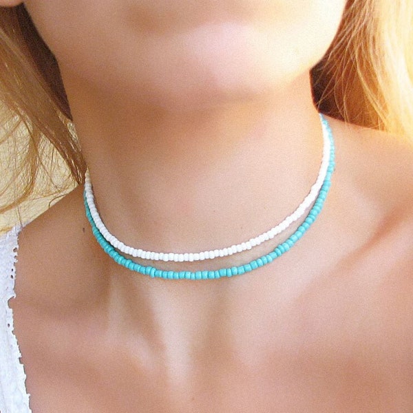 Turquoise Seed Bead Necklace, Blue Beaded Choker Necklace, Seed Bead Jewelry