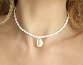 Natural Shell Necklace, Seed Bead Choker, White Beaded Necklace, Shell Jewelry, Beach Wedding