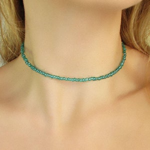 Teal Seed Bead Necklace, Green Choker Necklace, Beaded Jewelry, Dainty Necklace