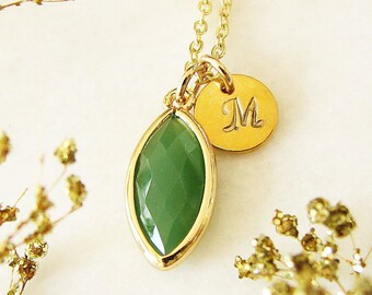 Green Teardrop Necklace, Disc Initial Necklace, May Birthstone Necklace, Birthstone Jewelry