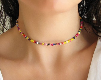 Colorful Glass Necklace, Seed Bead Choker